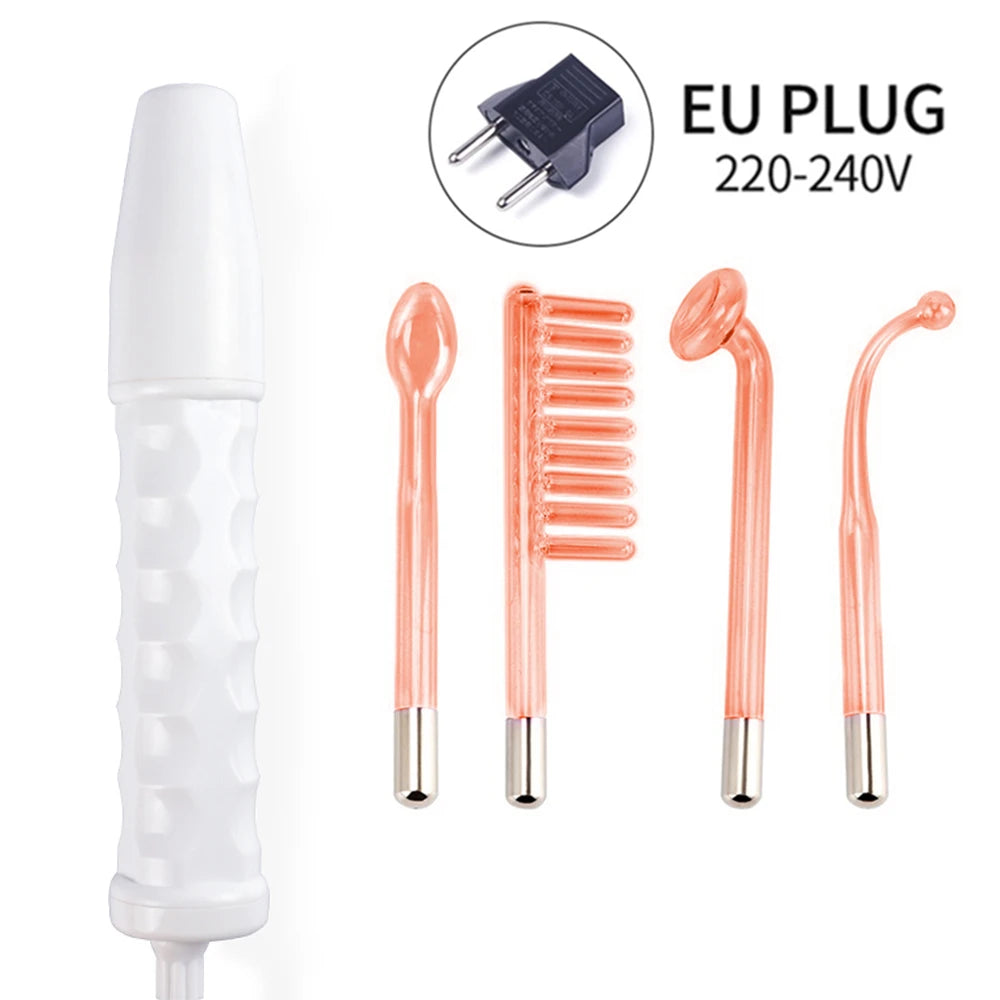 A white facial beauty tool set including a main device and four interchangeable silicone facial tools for beauty treatments.