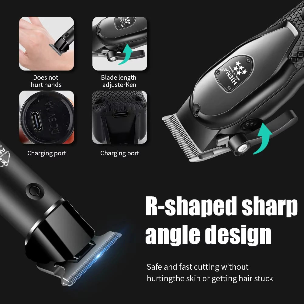 A black electric hair clipper set showing various parts including the main body, blade adjuster, and charging port, highlight