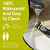 A close-up of a razor blade being rinsed under a faucet, demonstrating its waterproof and easy-to-clean features.