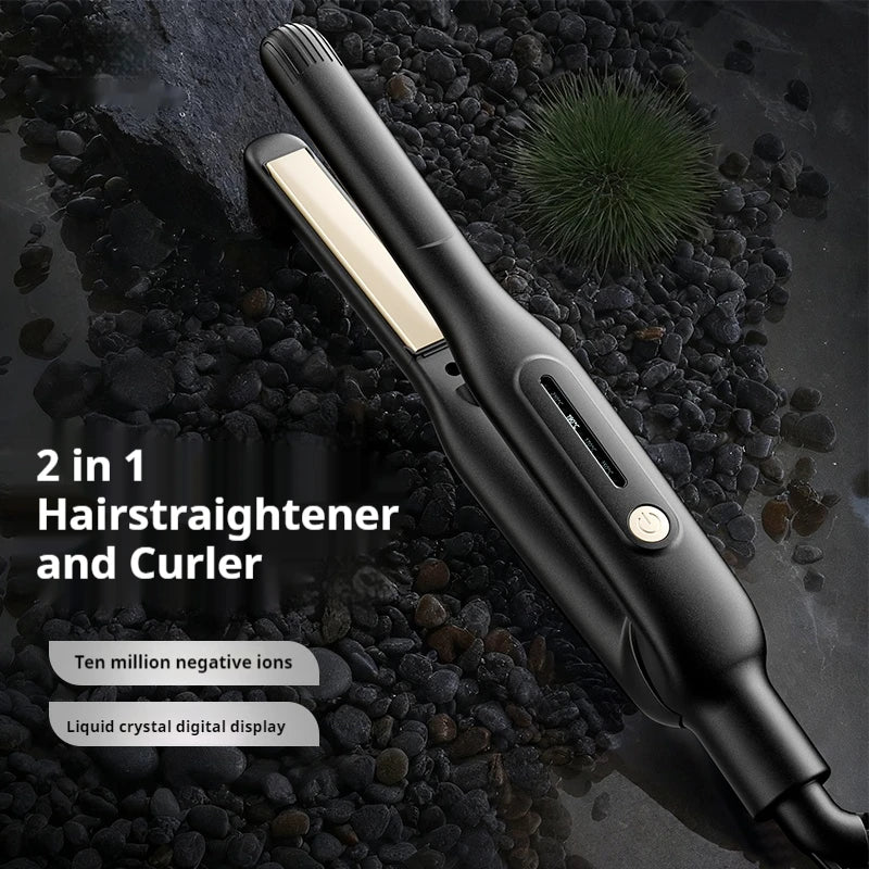 A black hair straightener and curler tool with a gold accent is shown on a dark, textured surface.