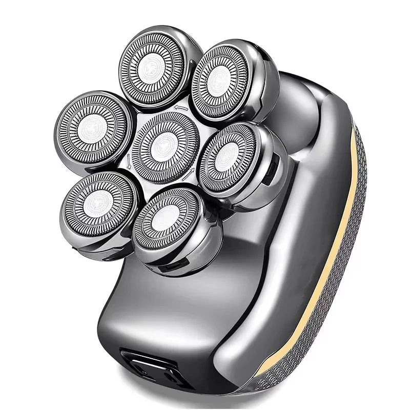 A close-up view of a professional electric double-blade hair shaver with multiple shaving heads.