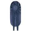 A dark blue satin silk hair bonnet cap shown vertically.