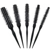 A set of five black professional curly round hair combs with elastic teeth.