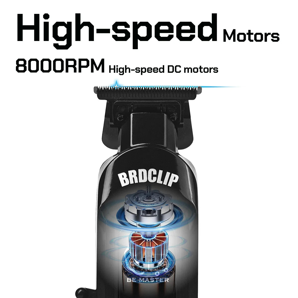 A black electric hair trimmer featuring the BRDCLIP brand and a high-speed motor design.
