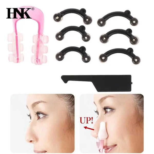 Set of pink and black ergonomic nose lifting and shaping clips shown with usage examples.