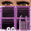 A purple eyelash cluster kit with faux lashes and tweezers shown next to a model's eye.