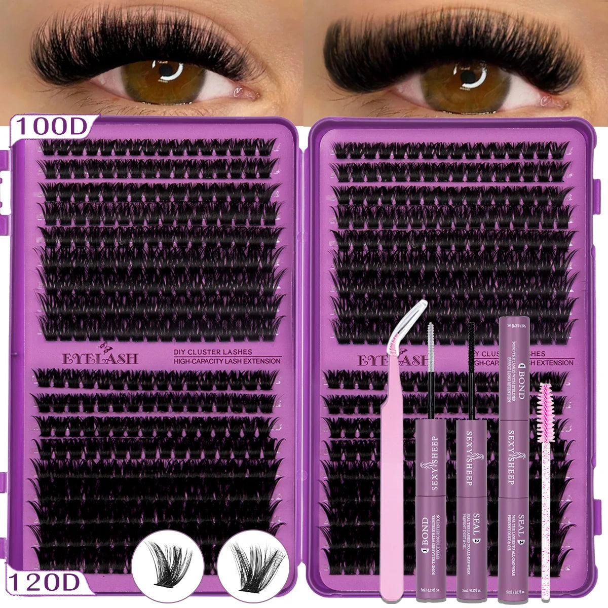 A purple eyelash cluster kit with faux lashes and tweezers shown next to a model's eye.