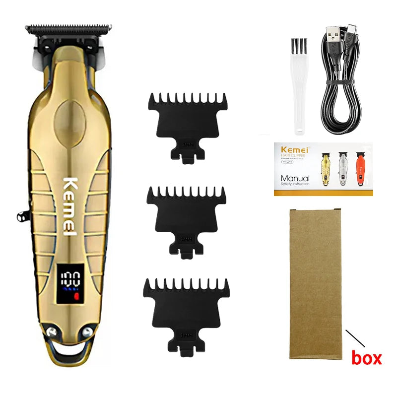 A beige and gold professional electric hair clipper trimmer with various attachments and a storage box.