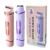 A pink and purple double headed electric hair remover device shown next to its packaging box.