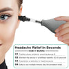 A hand holds a gray portable ear pressure relief tool, demonstrating its use for headache relief.