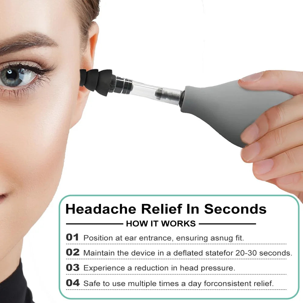 A hand holds a gray portable ear pressure relief tool, demonstrating its use for headache relief.