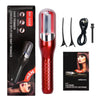 A red cordless split end hair trimmer is shown with its components and instructions.