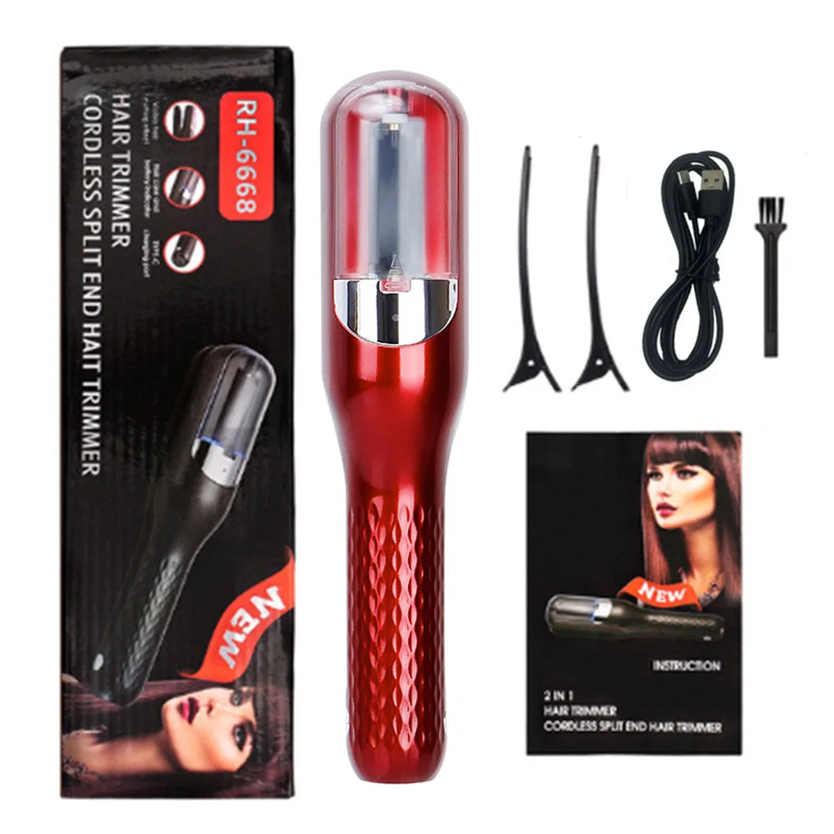 A red cordless split end hair trimmer is shown with its components and instructions.