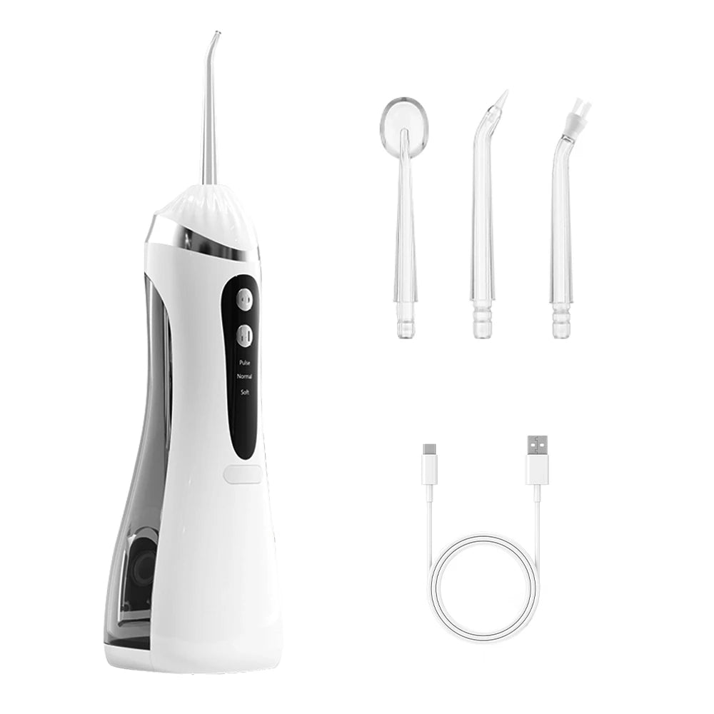 A white portable rechargeable oral irrigator with a detachable tip and cleaning components.