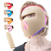 A woman is using a Hello Face device for facial treatments, showing various colored light patterns on the mask.