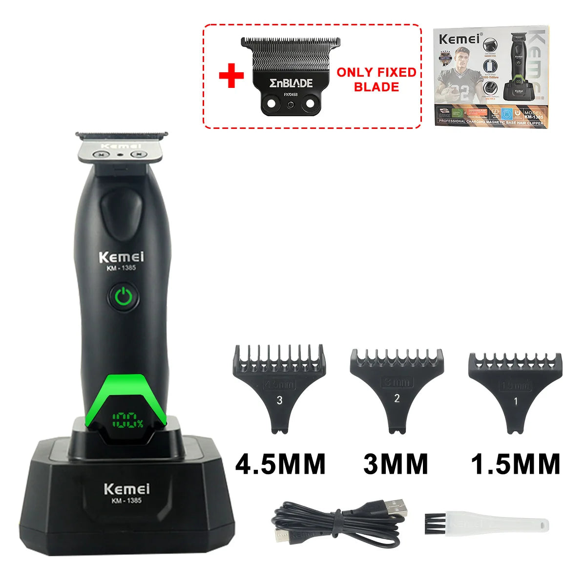 A Kemel KM-1305 electric hair trimmer with various blade sizes and accessories.