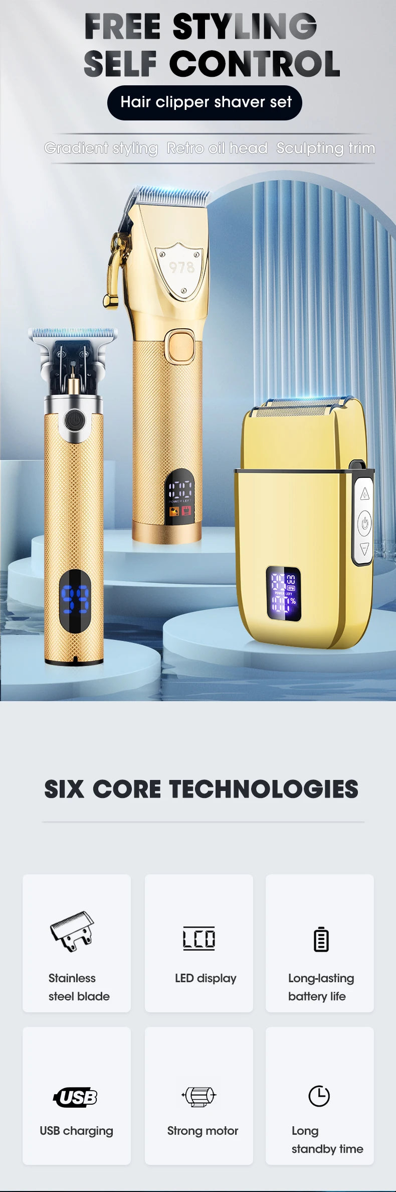 Ein Set aus drei goldenen und schwarzen Elektrik-Haarschneidern und Rasierern vor blauem Hintergrund.