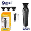 A black Kemei KM-2299 cordless electric hair clipper and accessories are shown.