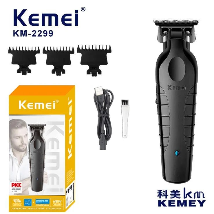 A black Kemei KM-2299 cordless electric hair clipper and accessories are shown.