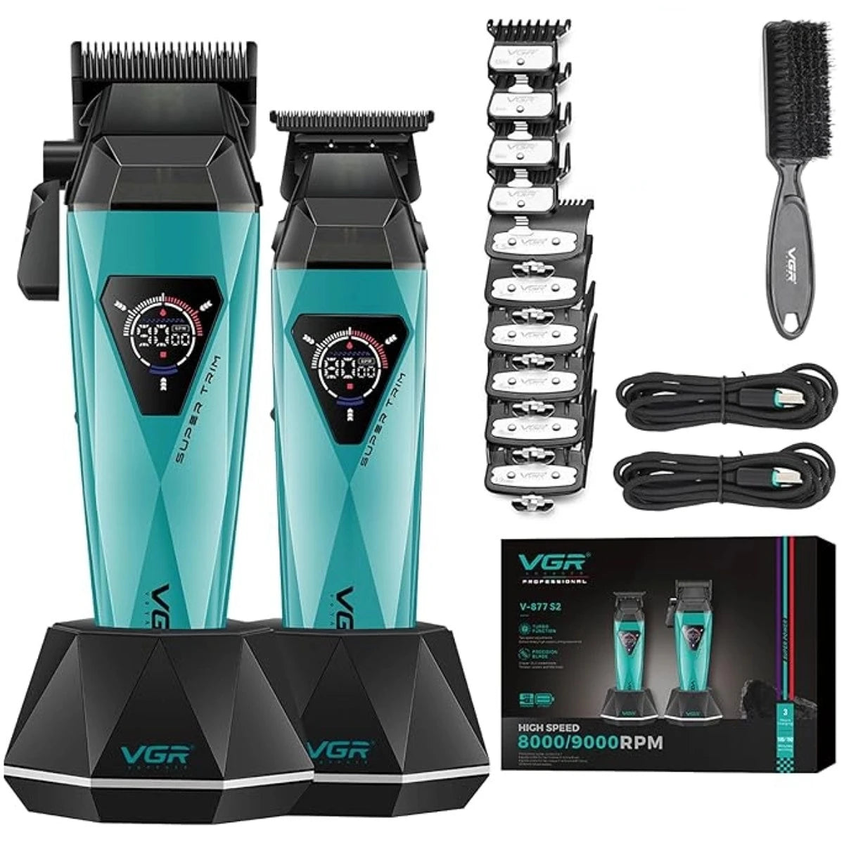 A VGR professional electric hair trimmer shown with various attachments and a charging cable.