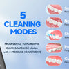 A black oral irrigator device showing five cleaning modes with pressure adjustment options.