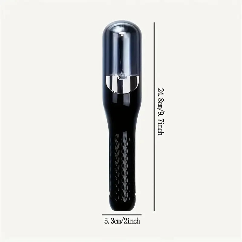 A black rechargeable cordless hair clipper with a silver guard and textured body shown vertically.
