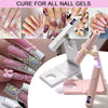 A collection of nail gels and various colored nails are shown alongside a handheld UV nail dryer lamp for curing.