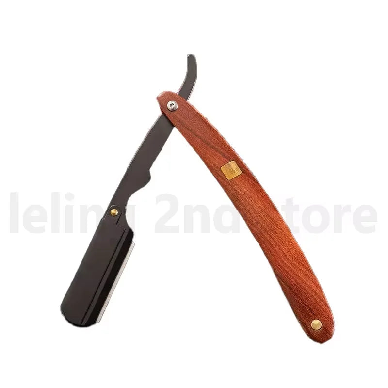 A professional shaving razor with a wood handle and metal blade.