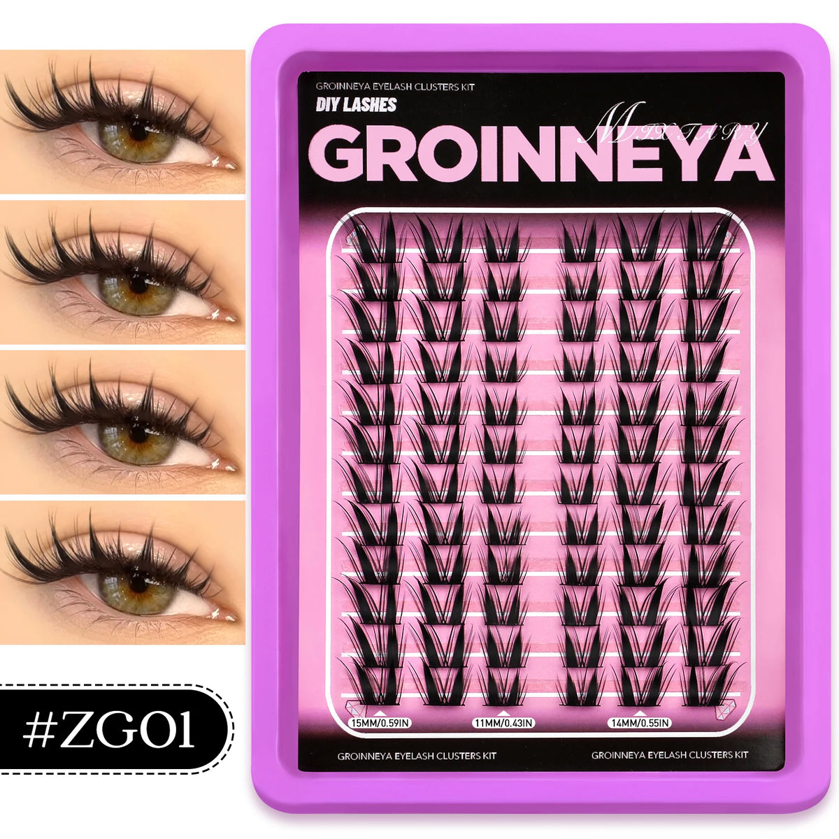 Kit en plastique violet contenant des clusters de cils DIY pour le maquillage des yeux.