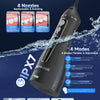 A black portable dental flosser with four nozzles and a 300ml water tank shown alongside accessories.