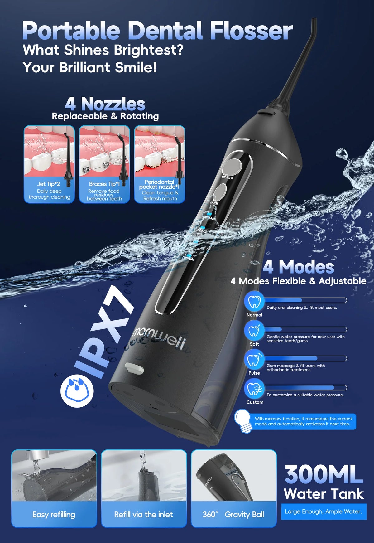 A black portable dental flosser with four nozzles and a 300ml water tank shown alongside accessories.