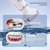 Close-up view of a pink electric shaver with a detachable blade for flushing and cleaning, shown in use.