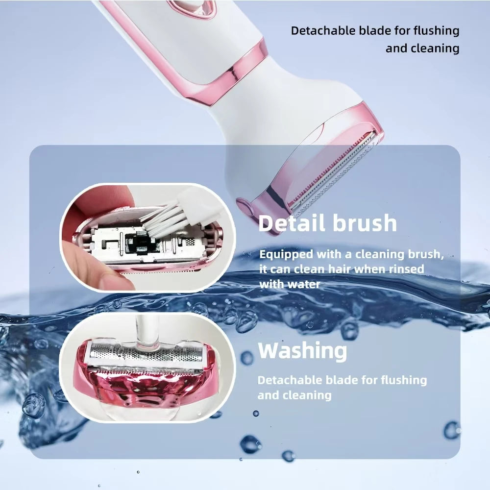 Close-up view of a pink electric shaver with a detachable blade for flushing and cleaning, shown in use.