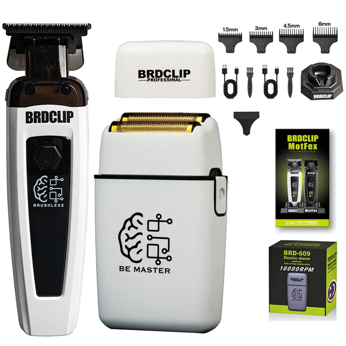 A set of BRDCLIP professional brushless electric hair trimmers and attachments for grooming.