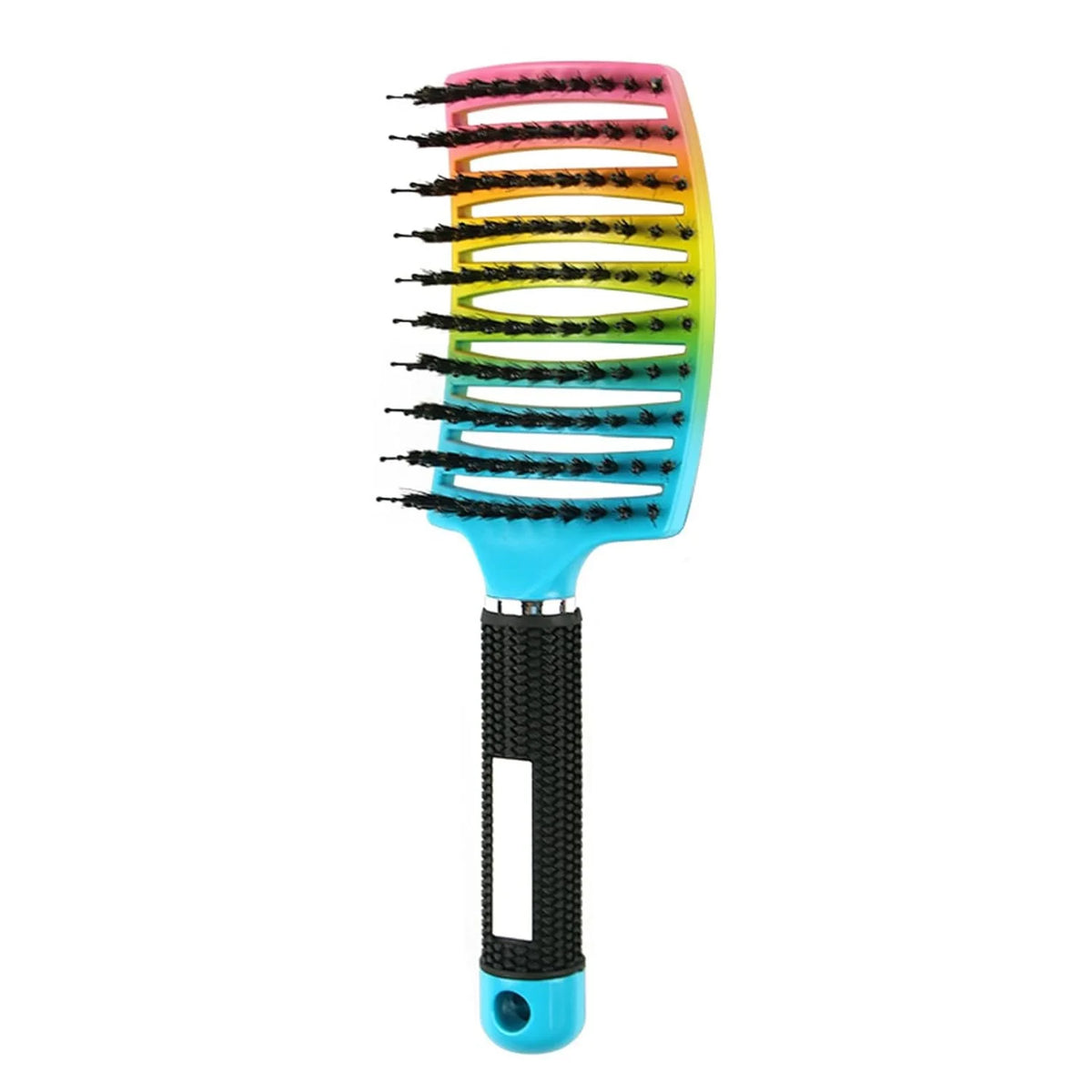 A brightly colored nylon bristle detangling comb with a plastic handle.