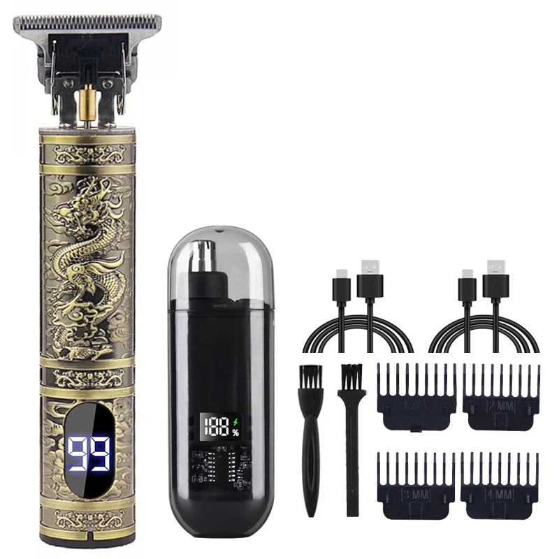 A set of cordless electric hair trimmer blades and a main body unit for grooming.