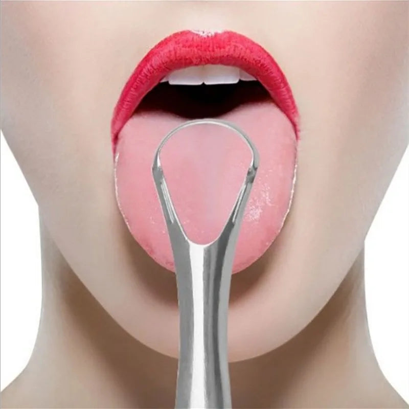 Stainless steel tongue scraper used to clean the inside of a person's mouth
