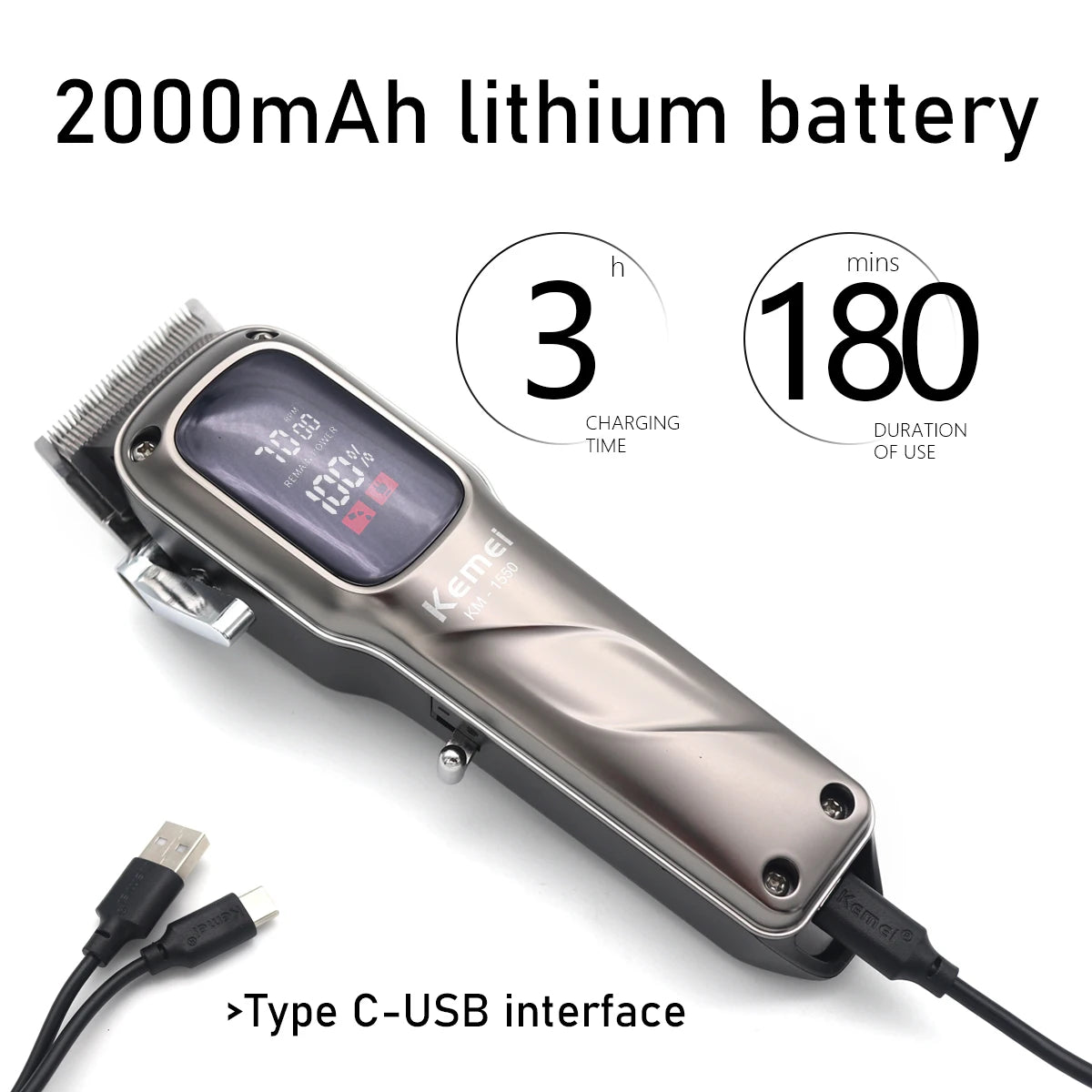 A silver cordless hair clipper battery pack showing a 2000mAh lithium battery with a display and Type-C USB interface.
