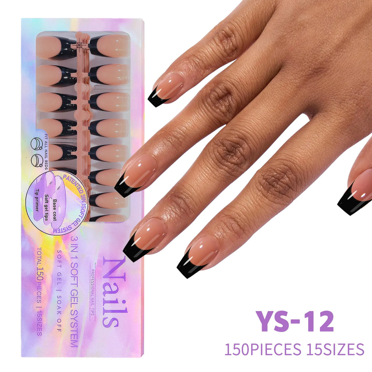 A hand displays a set of almond press-on nails in rich coffee black, packaged for sale.
