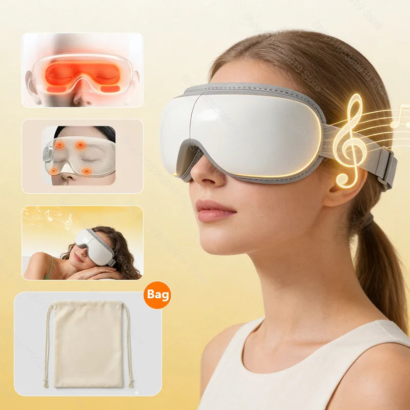 A woman is wearing a white heated eye massager device, shown alongside its packaging and usage examples.
