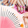 A professional nail art kit showing various fine brushes and tools for applying nail polish on fingers.
