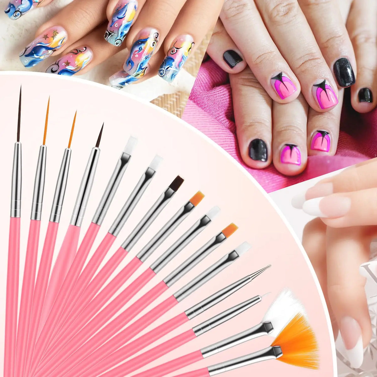 A professional nail art kit showing various fine brushes and tools for applying nail polish on fingers.