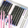 A pink and black lash extension kit showing various lash styles and tools for DIY use.