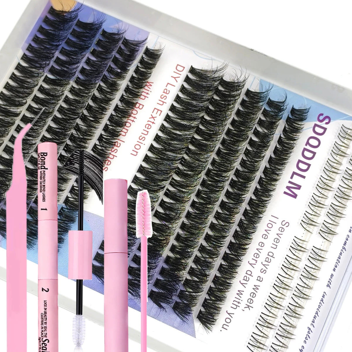 A pink and black lash extension kit showing various lash styles and tools for DIY use.