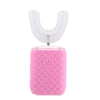 A pink 360° automatic sonic electric toothbrush with a white head and charging base.