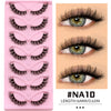 Pinkes Plastikblech mit verschiedenen natürlichen Flügel-Wimpern und Nahaufnahme auf einem Auge.