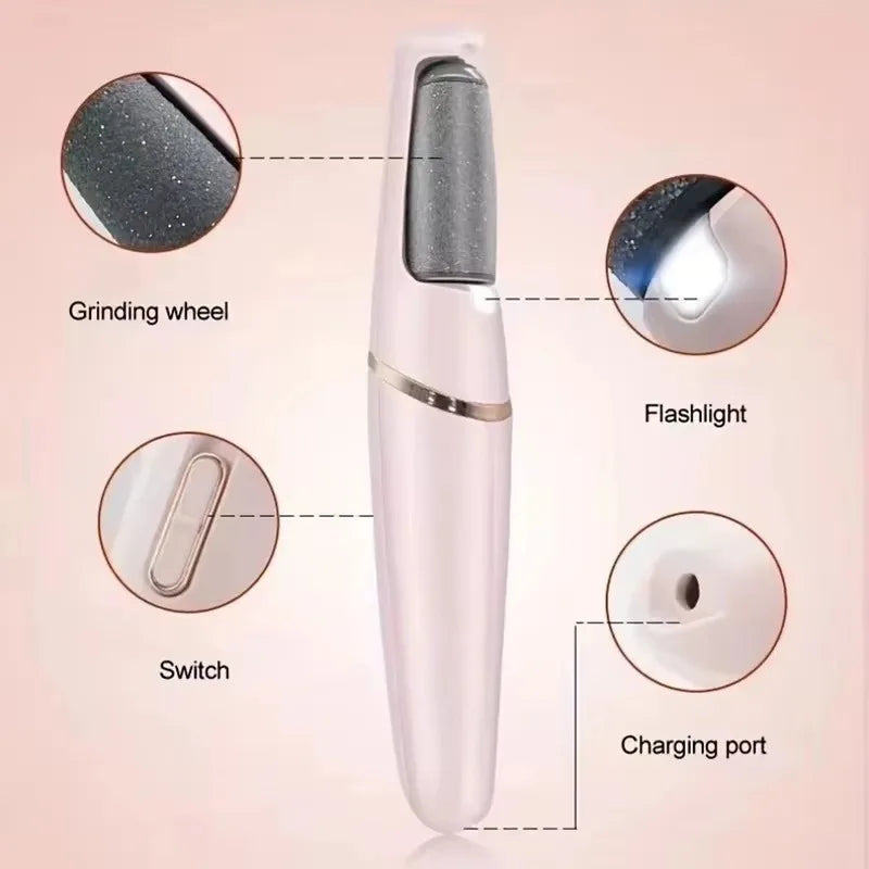 A white automatic electric foot grinder with detachable grinding wheel, flashlight, switch, and charging port.