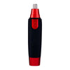 A black and red 3-in-1 battery grooming trimmer with a silver charging head.