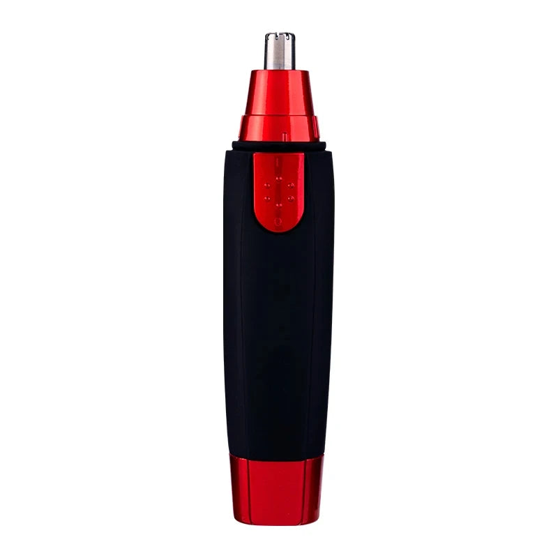 A black and red 3-in-1 battery grooming trimmer with a silver charging head.