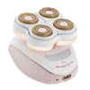 Depiladora eléctrica multi-cabeza blanca con detalles en oro rosa, sobre una base rosa.